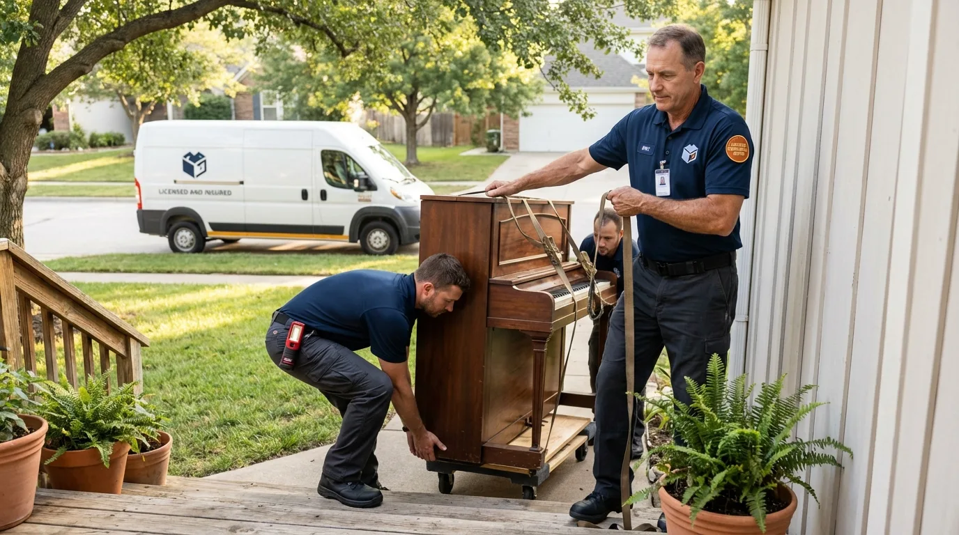 Licensed piano movers securing grand piano in Lac du Flambeau, WI