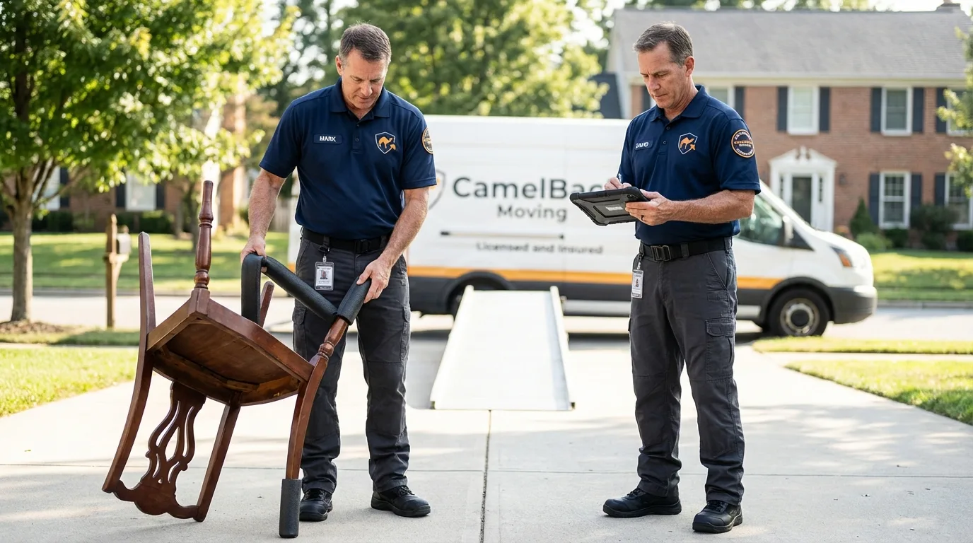 Movers inspecting furniture for damage prevention before loading in Lac du Flambeau, WI