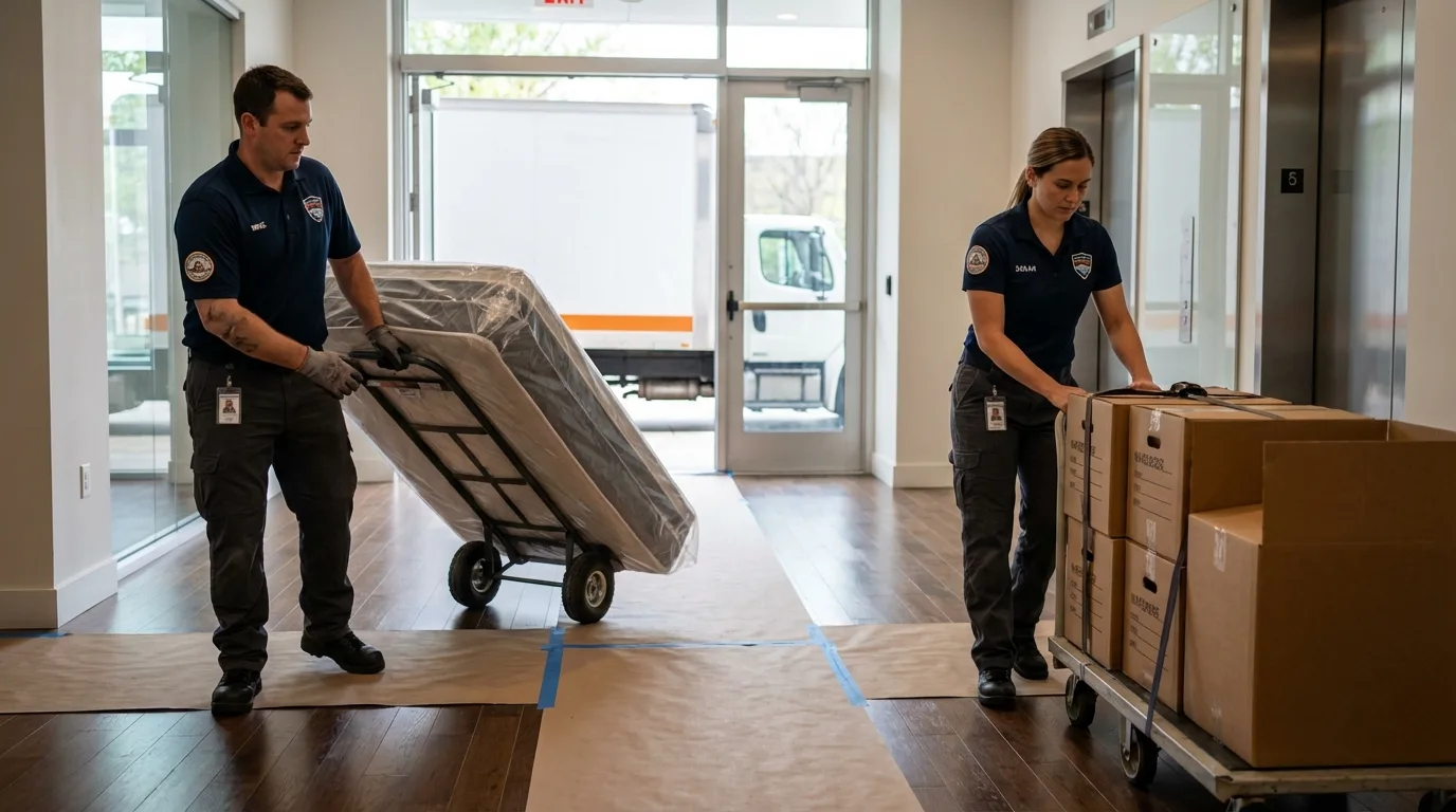 Professional apartment movers loading elevator in Lac du Flambeau, WI