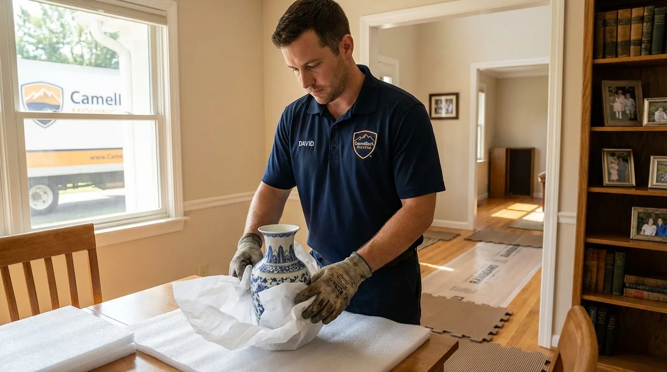 Professional crew carefully wrapping antique vase for senior downsizing move in Lac du Flambeau, WI