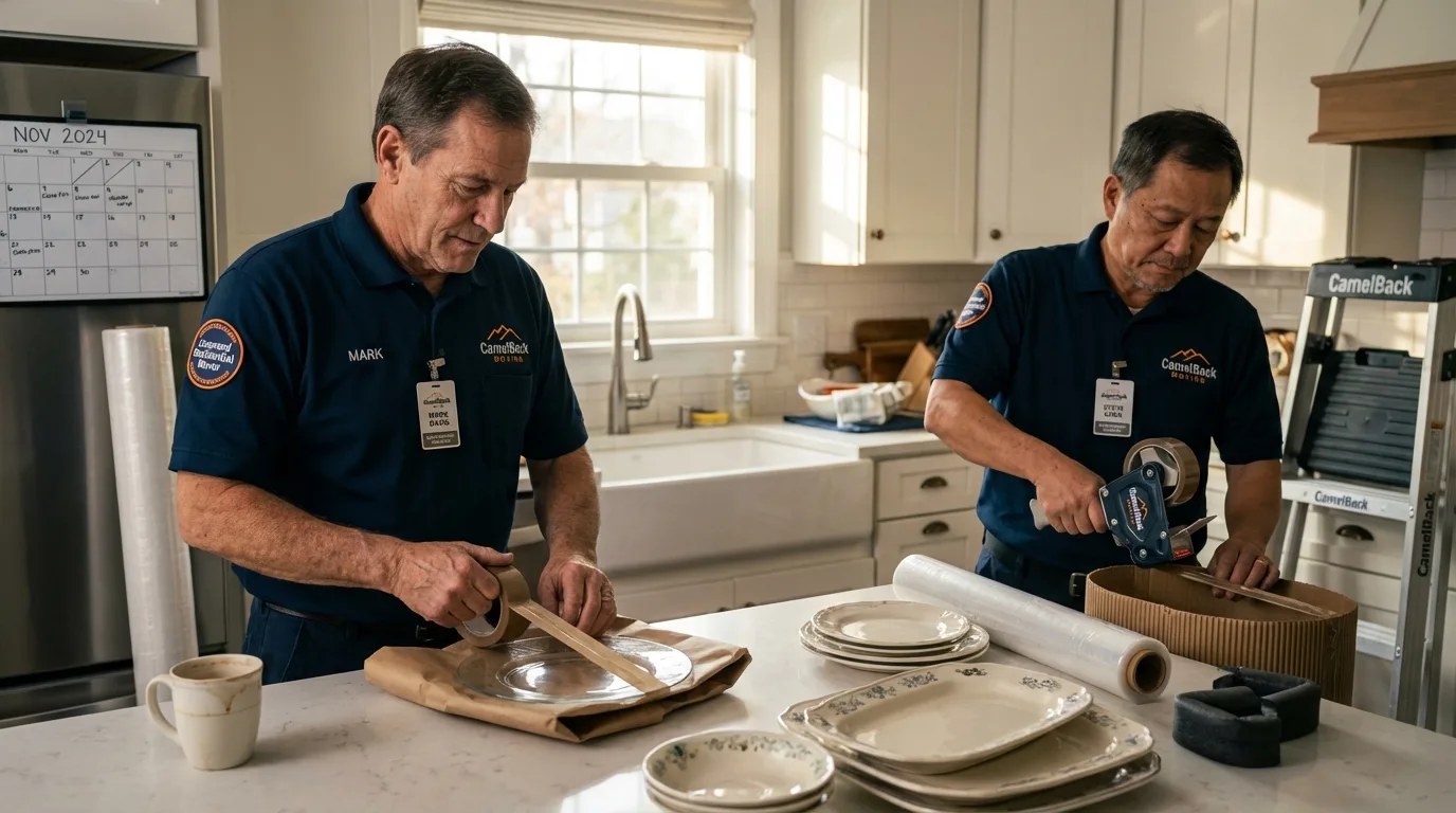 Professional crew packing kitchen dishware in Lac du Flambeau, WI